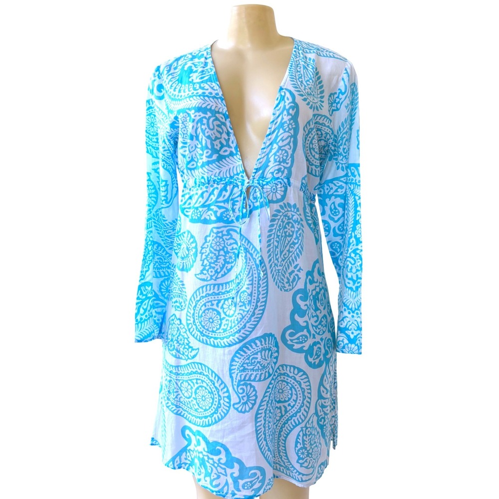 Echo Swim Cover Up Dress Womens S White Blue Paisley Beach Tunic Long Sleeve